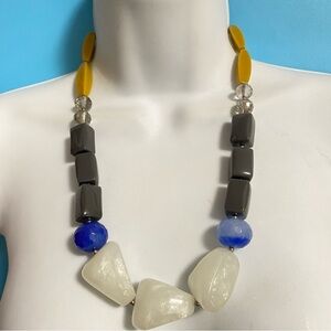 ANTHROPOLGIE Necklace Chunky Lucite Acrylic Glass Beads Blue Mustard Gray White